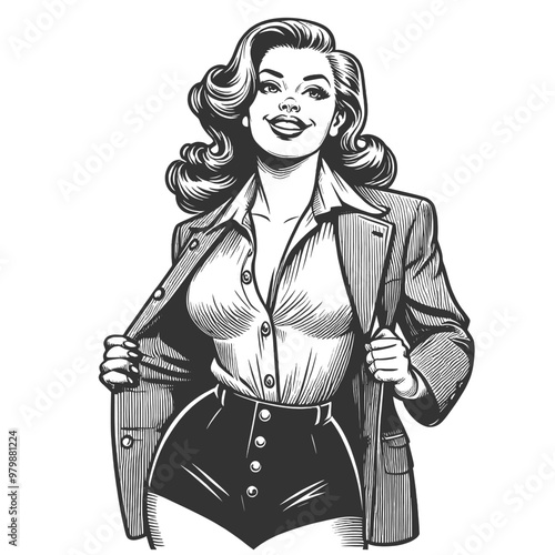 pin-up woman in a blazer and high-waisted shorts, smiling and posing with retro charm, sketch engraving generative ai vector illustration. Scratch board imitation. Black and white image.