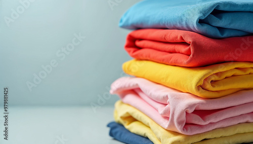 Neatly folded stack of vibrant cotton t-shirts in various colors, with a neutral background enhancing their visual appeal.