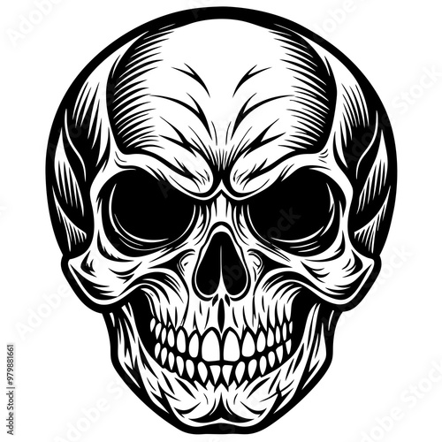 A skull with a menacing look on its face. The skull is drawn in black and white. The skull is the main focus of the image