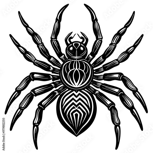 A spider with a black and white design on its back. The spider has a very creepy look to it
