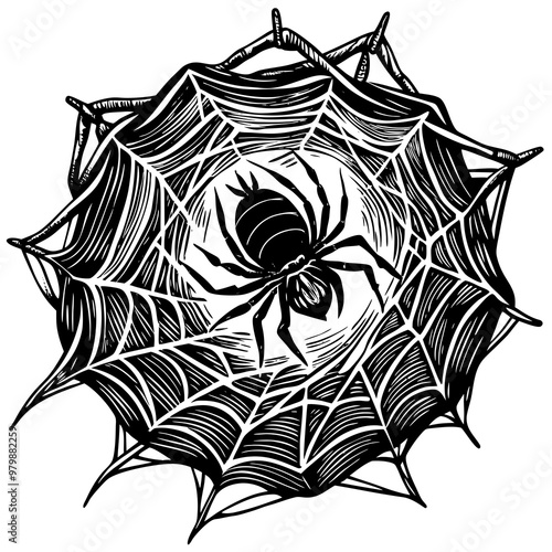 A spider web with a black spider in the center. Scene is dark and eerie, as the spider is depicted as being trapped and unable to escape