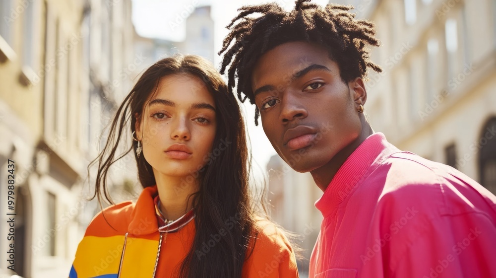 Fashionable young man and woman, stylish clothing, urban background, street portrait, contemporary fashion concept Fashionable young man and woman, stylish clothing, urban background, street portrait, contemporary fashion concept