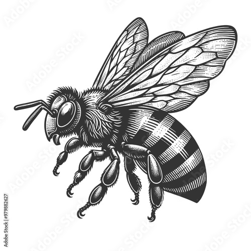 honey bee with intricate details, showcasing its wings, legs, and striped body in a realistic style sketch engraving generative ai vector illustration. Scratch board imitation. Black and white image.