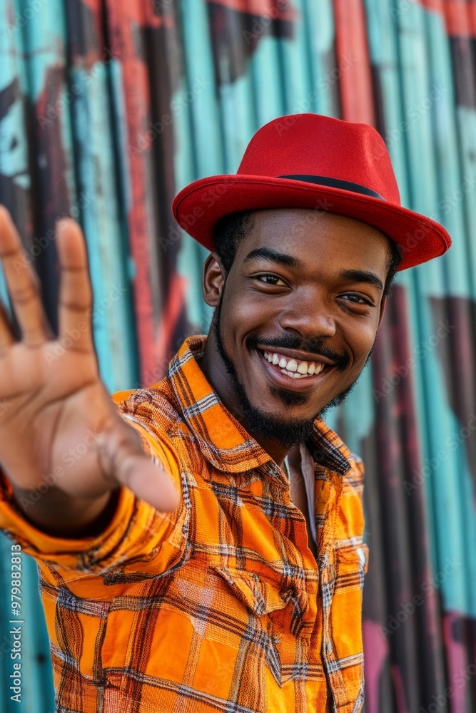 Cheerful young man in vibrant red hat, orange checkered shirt, extending hand in friendly gesture, happiness concept Cheerful young man in vibrant red hat, orange checkered shirt, extending hand in friendly gesture, happiness concept