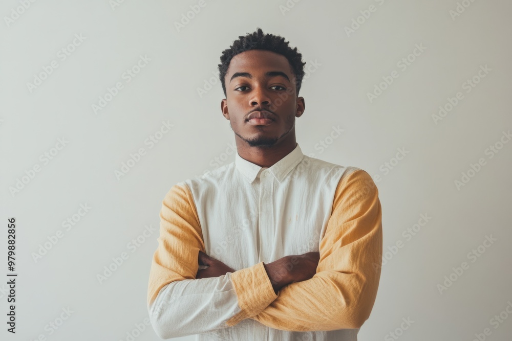 © Aksana - Confident young man in stylish shirt with arms crossed against neutral background, self-assured mood concept © Aksana - Confident young man in stylish shirt with arms crossed against neutral background, self-assured mood concept