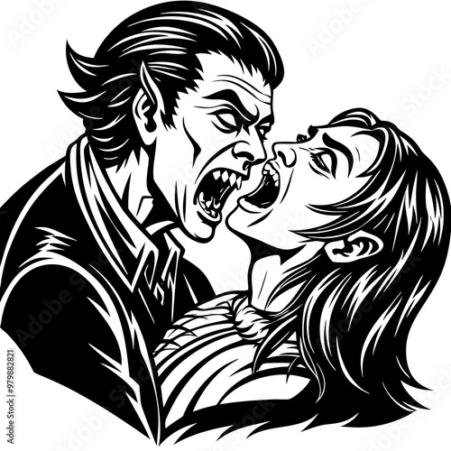 A vampire is biting a woman's neck
