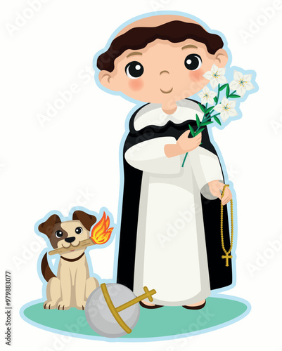 Illustration of Saint Dominic de Guzman, religious saint, Dominican, with dog, fire and world, rosary and flowers, illustration for children