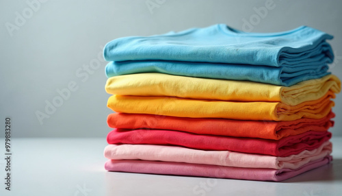 Neatly folded stack of vibrant cotton t-shirts in various colors, with a neutral background enhancing their visual appeal.







