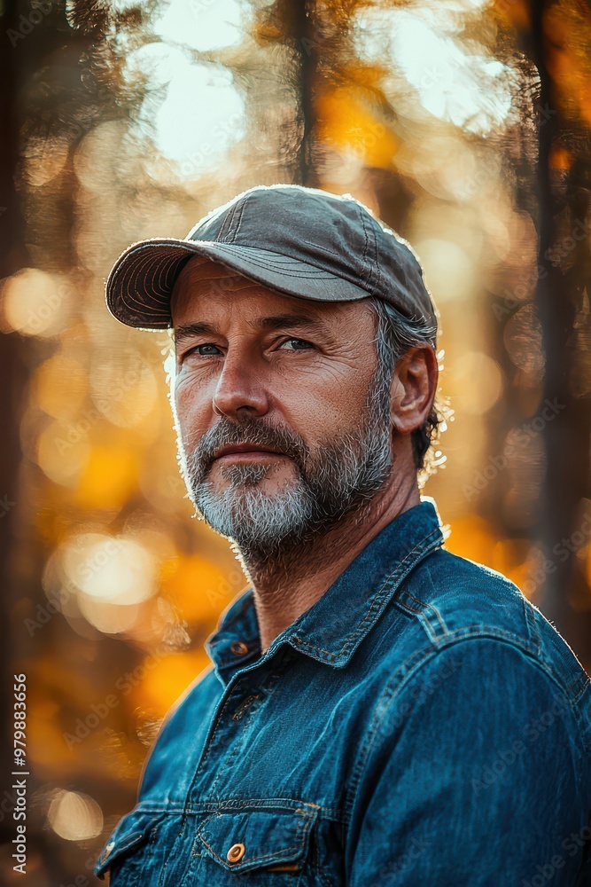 Middle-aged man in denim shirt and cap standing outdoors with autumn leaves in the background, showcasing confidence and tranquility in a natural setting Middle-aged man in denim shirt and cap standing outdoors with autumn leaves in the background, showcasing confidence and tranquility in a natural setting