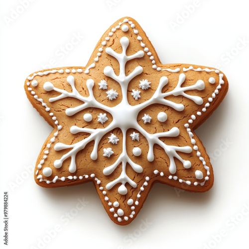 A beautifully decorated star-shaped gingerbread cookie, featuring intricate icing designs perfect for holiday celebrations, white background photo