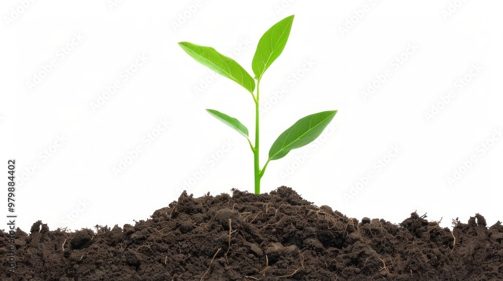 A small green plant is growing in a pile of dirt A small green plant is growing in a pile of dirt