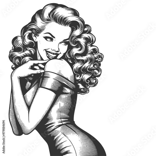 Playful smiling beautiful young woman flirty biting her finger sketch engraving generative ai fictional character vector illustration. Scratch board imitation. Black and white image.