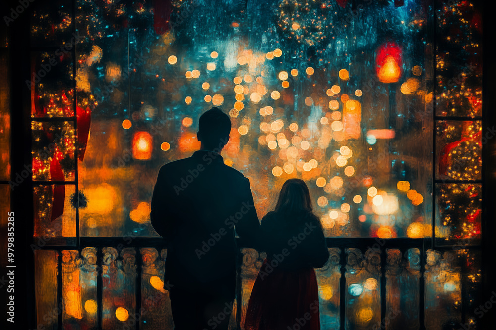 A family admires a vibrant city lit up with twinkling lights during festive celebrations from a cozy balcony A family admires a vibrant city lit up with twinkling lights during festive celebrations from a cozy balcony