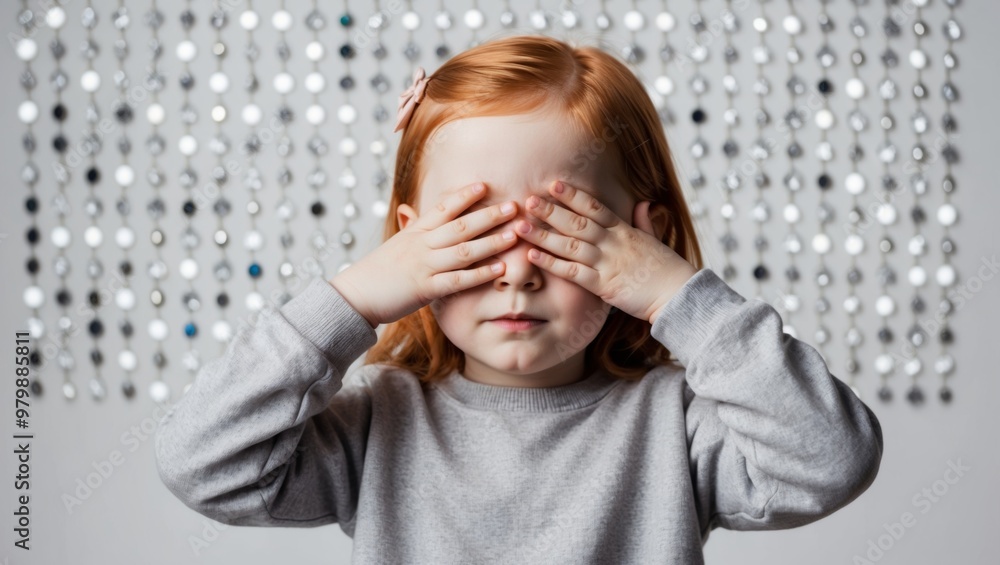 A young child is playfully covering their eyes with their hands A young child is playfully covering their eyes with their hands