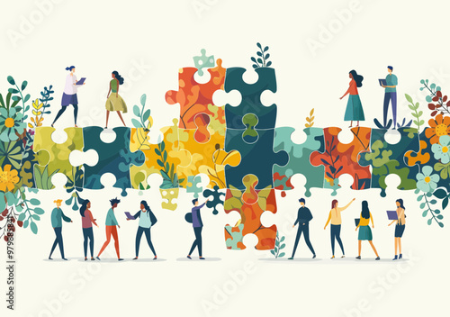 Collaborative Teamwork Concept with People Solving Colorful Puzzle Pieces - Vector Illustration of Human Resources and Problem Solving Theme
