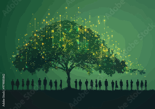 Business Recruitment Concept Illustration with Professionals Standing under Logic Tree at Night, Symbolizing Growth, Opportunities, and Decision-Making in a Minimalistic Vector Style