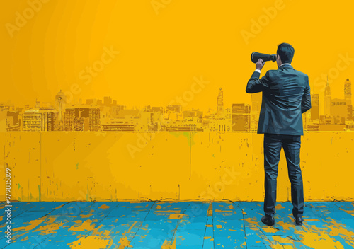 Businessman Searching for Opportunities with Telescope in Urban Skyline, Vibrant Concept of Exploration, Planning, and Future Vision in Business Environment, Minimalist Vector Illustration