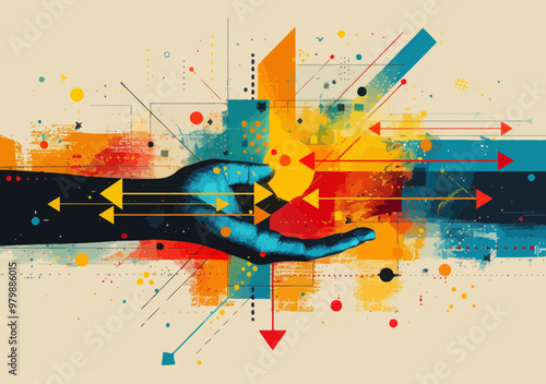 Manager's Hand Bridging Gap Between Arrows to Achieve Success - Abstract Business Illustration with Colorful Geometric Shapes and Arrows Indicating Support and Goal Achievement
