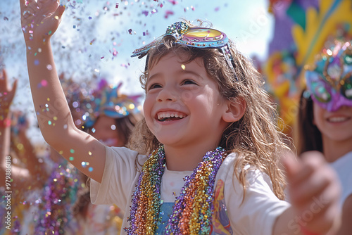 Children celebrate Mardi Gras with laughter, costumes, and colorful confetti at a lively outdoor festival