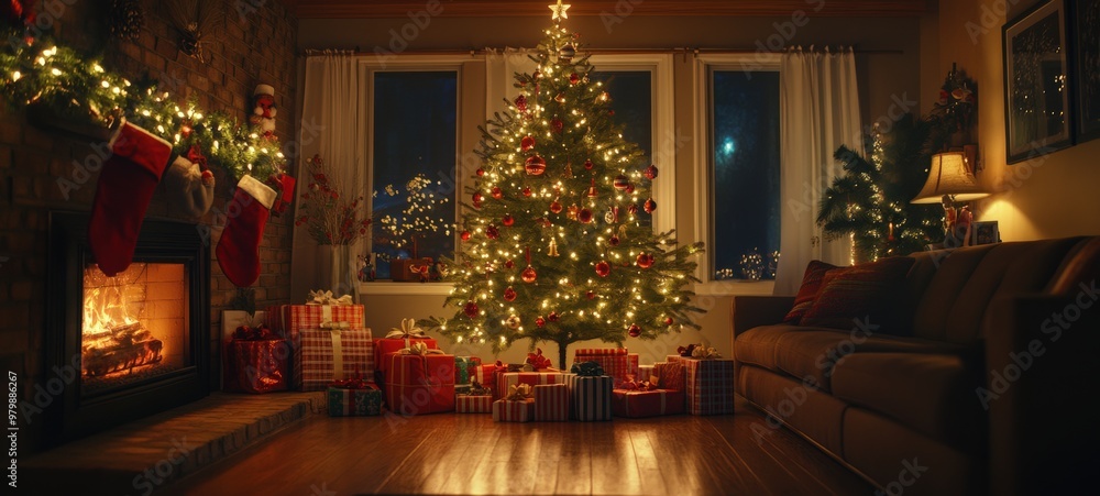 A cozy, dimly lit living room, featuring a beautifully decorated Christmas tree with twinkling lights and ornaments A cozy, dimly lit living room, featuring a beautifully decorated Christmas tree with twinkling lights and ornaments