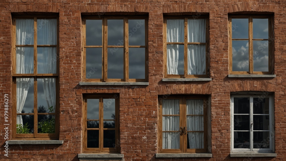 Brick building facade with wooden frame windows and reflections Brick building facade with wooden frame windows and reflections