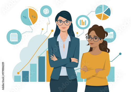 Young Female Manager Presenting Innovative Business Idea and Strategy for Profit Growth, Business Plan Illustration with Graphs and Charts, Vector Art, Daytime, Professional Business Theme