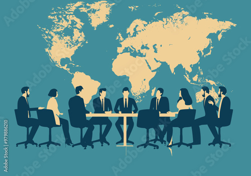 Global Business Strategy Meeting Concept, Team Discussion Around Table, World Map Background, Vector Illustration, Corporate Collaboration, International Trading and Investment Planning