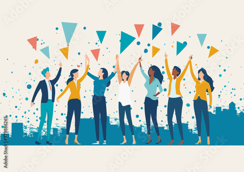 Successful Team Celebrating Project Completion with High Energy and Enthusiasm in Minimalistic Style Vector Illustration