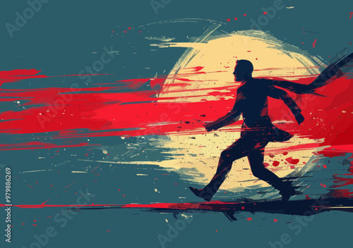Successful Businessman Crossing Finish Line in Minimalistic Illustration, Conceptual Image of Achievement and Success in Business