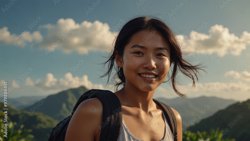 Young woman smiling on a mountain hike on a sunny day. Young woman smiling on a mountain hike on a sunny day.