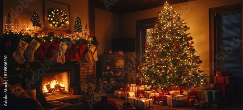 A cozy, dimly lit living room, featuring a beautifully decorated Christmas tree with twinkling lights and ornaments