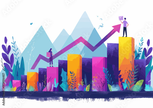 Team Leader Explains Business Goals with Rising Arrow Chart, Business Growth Concept, Minimalist Vector Illustration, Motivational and Inspirational Theme, Business Planning and Strategy photo