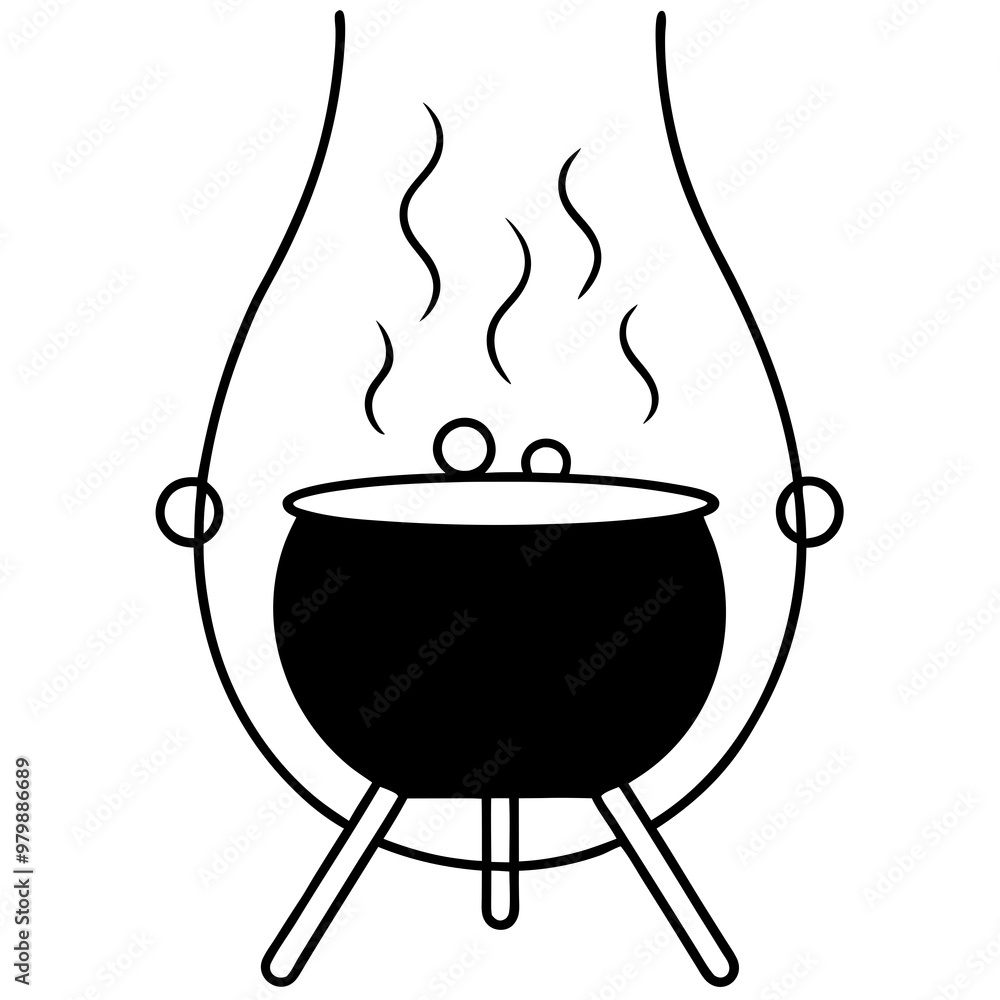 Cauldron Over Fire with Rising Steam – Vector Art Cauldron Over Fire with Rising Steam – Vector Art