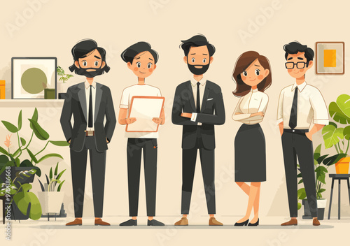 Business Team Meeting Illustration with Manager Pointing to Text, Professional Colleagues Standing Around in Office, Minimalistic Vector Design, Daytime, Collaborative and Motivated Mood