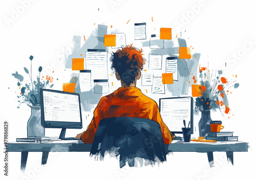 Busy Office Worker Multitasking at Desk with Multiple Screens and Sticky Notes, Engaged in Various Work Activities, Daytime, Vector Illustration, Productivity Concept