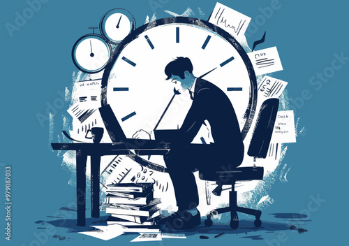 Overworked Office Employee at Desk with Clock Background, Concept Illustration of Work Stress and Burnout, Minimalistic Vector Art Depicting 24-7 Work Environment and Overload