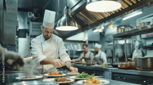 A chef is cooking in a kitchen with a variety of vegetables and pots