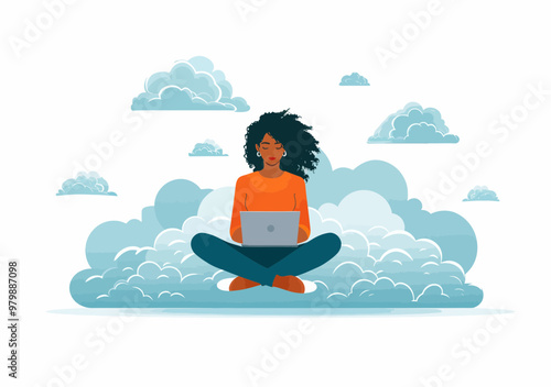 Businesswoman Working Remotely on a Cloud with Laptop, Conceptual Vector Illustration of Cloud Networking and Technology, Minimalistic Design, Daytime, Calm and Productive Mood