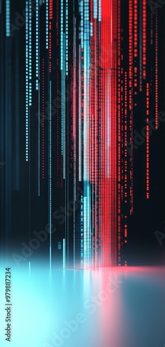 An abstract digital glitch scene with pixelated red and blue lights, symbolizing a technological error or system malfunction in a virtual space. photo