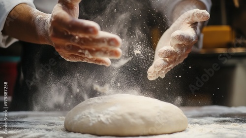 Baker Preparing Dough with Flour, Artisan Bread Making, Hands Kneading Dough, Generated AI