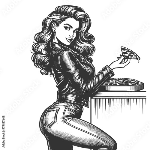 pin-up woman in a leather jacket and jeans, with a slice of pizza with a pizza box nearby, sketch engraving generative ai vector illustration. Scratch board imitation. Black and white image.