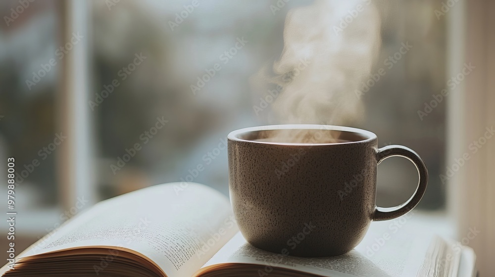 Steaming Hot Coffee Cup on Open Book by Window in Cozy Home Environment, Relaxation and Reading, Generated AI Steaming Hot Coffee Cup on Open Book by Window in Cozy Home Environment, Relaxation and Reading, Generated AI
