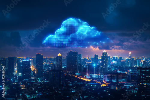 Illuminated cloud formation hovering over a vibrant city skyline at dusk, symbolizing modern file storage and transfer technology