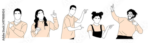 Set of different People pointing to the side, up and down with fingers. Happy excited men, women showing with hands, positive emotions. Vector Characters for the presentation of goods or services.