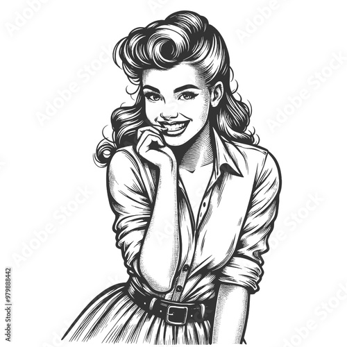 Playful smiling beautiful young woman flirty biting her finger sketch engraving generative ai fictional character vector illustration. Scratch board imitation. Black and white image.