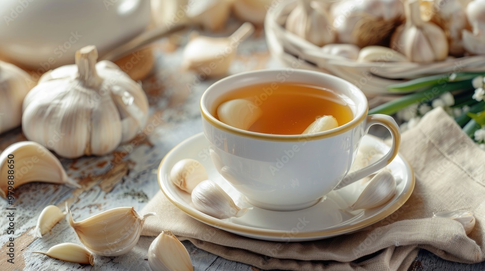 Healthy garlic tea in a cup on the table Healthy garlic tea in a cup on the table