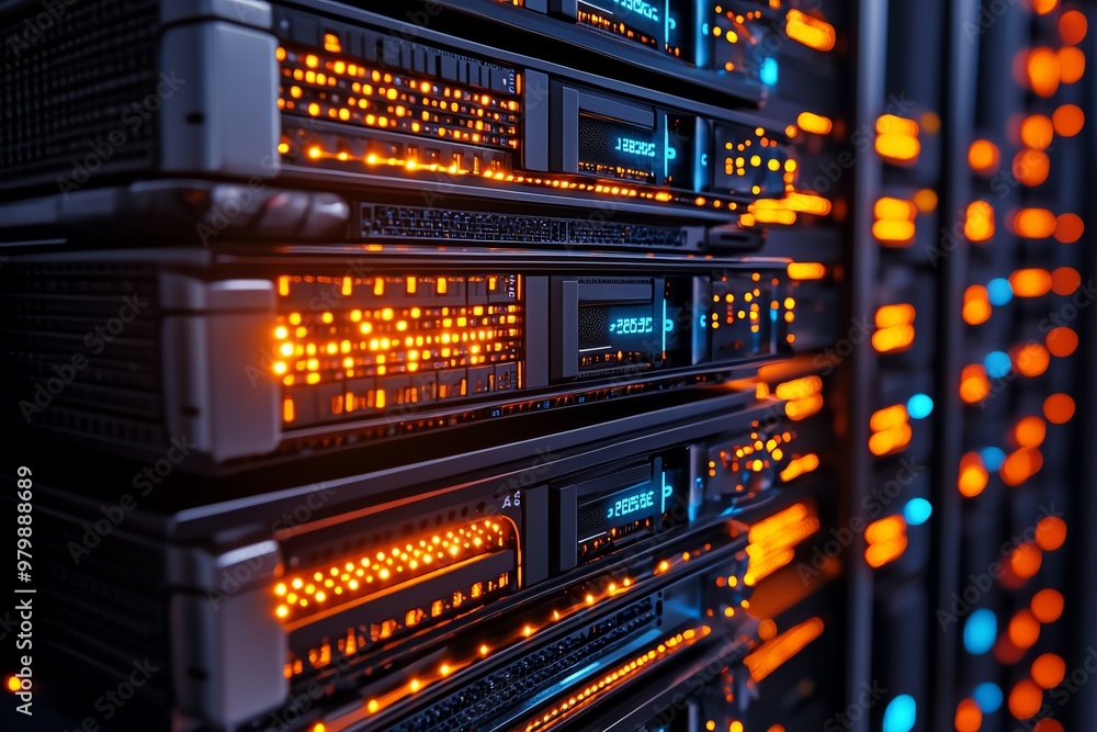 A set of stacked server racks, glowing with activity lights, symbolizing a data center filled with databases A set of stacked server racks, glowing with activity lights, symbolizing a data center filled with databases