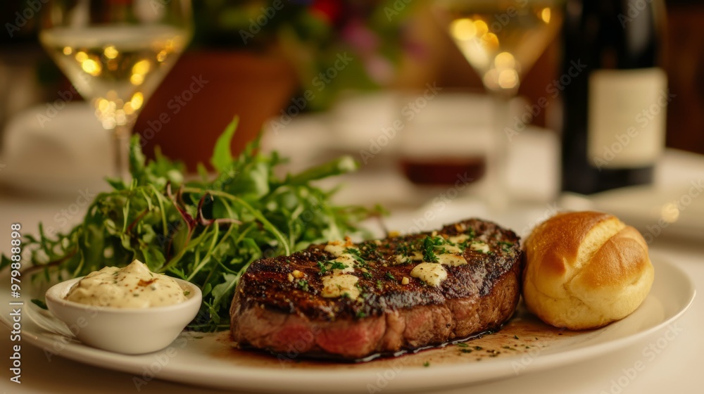An elegant dining setup featuring a beautifully presented steak with a side of creamy garlic sauce, fresh greens, and a warm bread roll, all arranged on a fine dining table. An elegant dining setup featuring a beautifully presented steak with a side of creamy garlic sauce, fresh greens, and a warm bread roll, all arranged on a fine dining table.