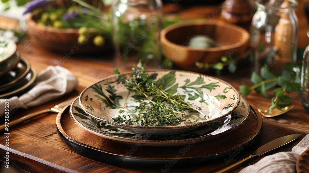 Herb themed dinnerware with room for text Herb themed dinnerware with room for text