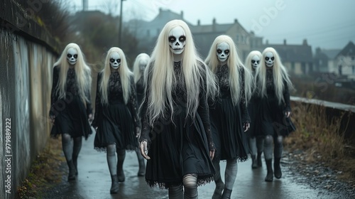 A surreal photograph of several tall, pale-skinned women with long white hair, wearing black dresses and grey tights, walking down the street photo